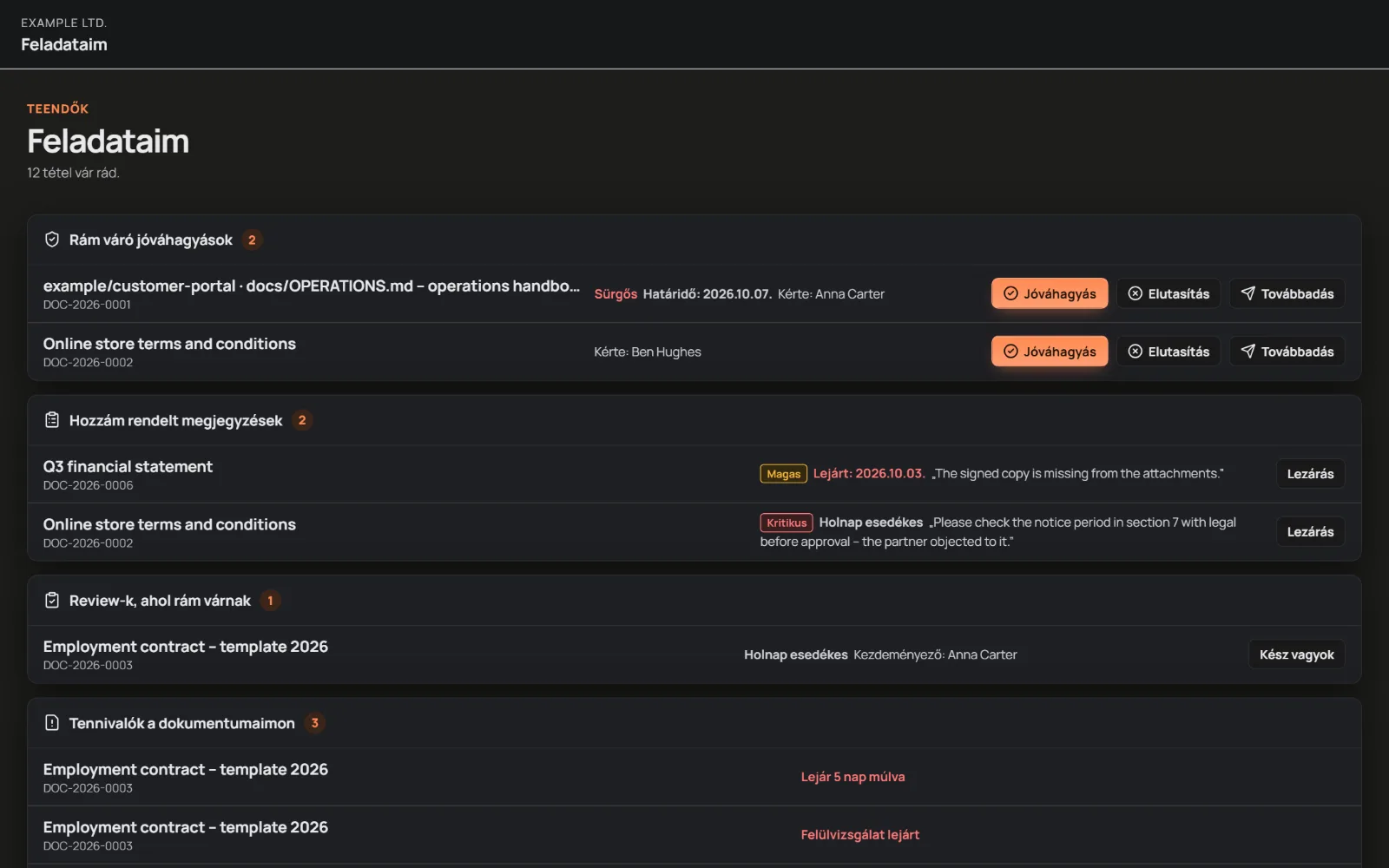 The My tasks page with sample data