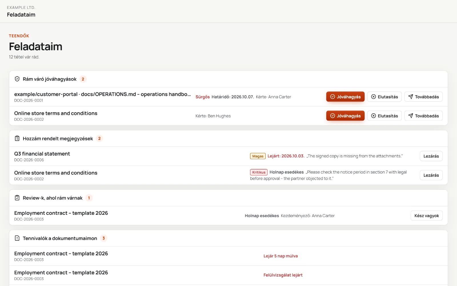 The My tasks page with sample data