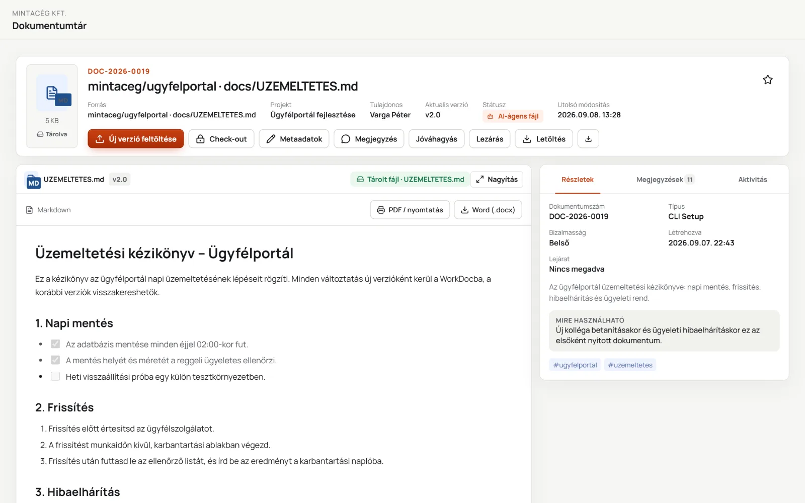 Egy dokumentum lapja előnézettel és verziókkal, mintaadatokkal